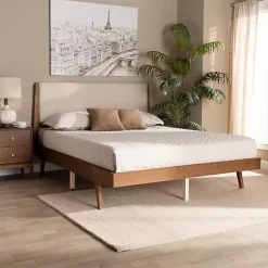 Kirklands Home Tan Upholstered Brown Wood Full Platform Bed Sale