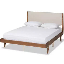 Kirklands Home Tan Upholstered Brown Wood Queen Platform Bed Hot