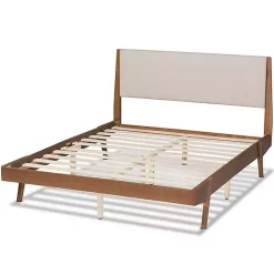 Kirklands Home Tan Upholstered Brown Wood Queen Platform Bed Hot