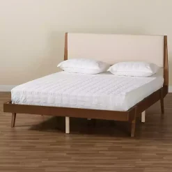 Kirklands Home Tan Upholstered Brown Wood Queen Platform Bed Hot