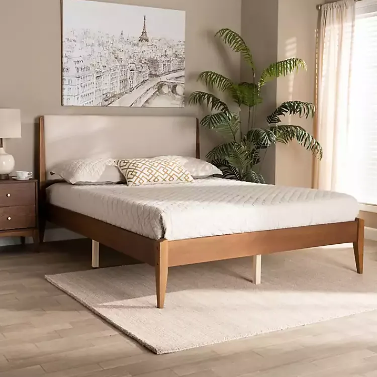 Kirklands Home Tan Upholstered Brown Wood King Platform Bed Online