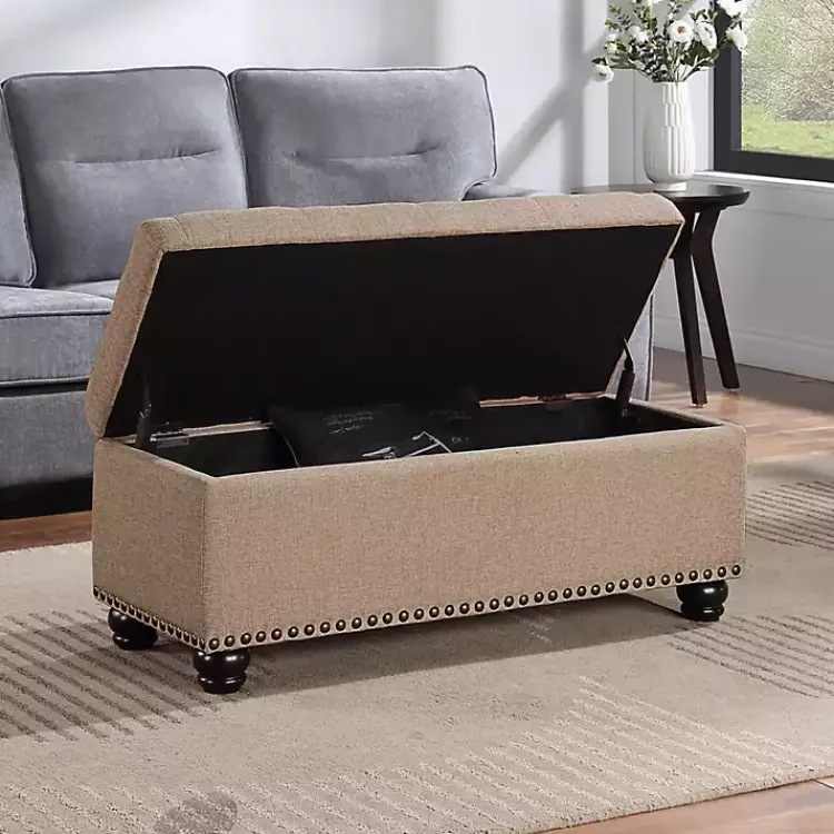 Kirklands Home Upholstered Carey Storage Ottoman Bench Tan New
