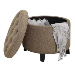Kirklands Home Upholstered Eliza Round Storage Ottoman Tan Discount