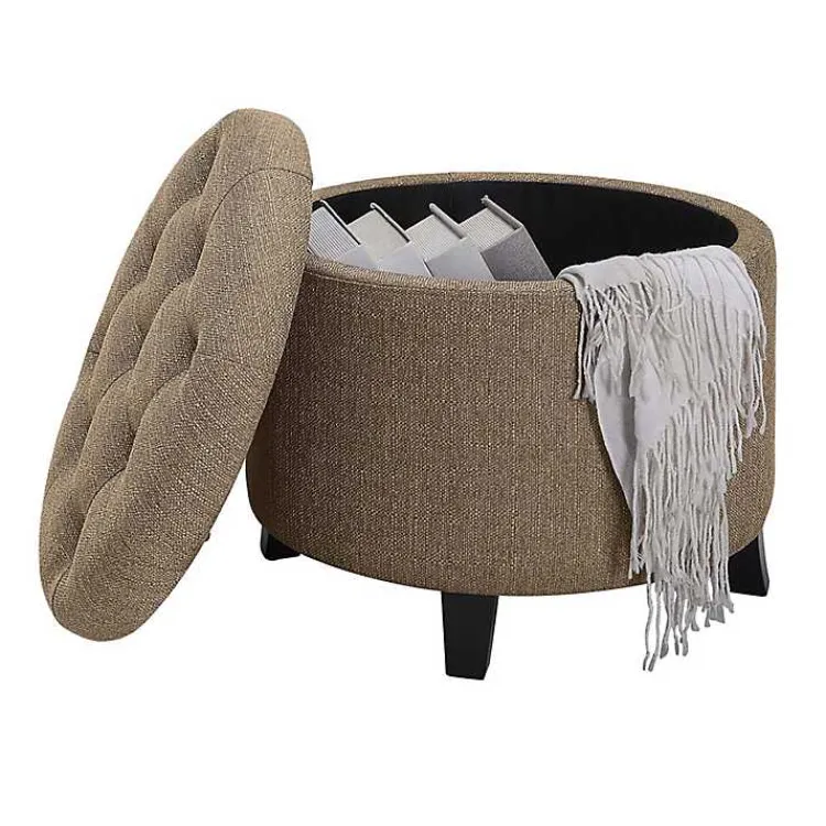 Kirklands Home Upholstered Eliza Round Storage Ottoman Tan Discount
