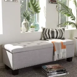 Kirklands Home Taupe Button-Tufted Upholstered Storage Bench Tan Best