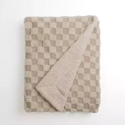 Blankets & Throws>Kirklands Home Taupe Faux Fur and Boucle Checkerboard Throw Tan