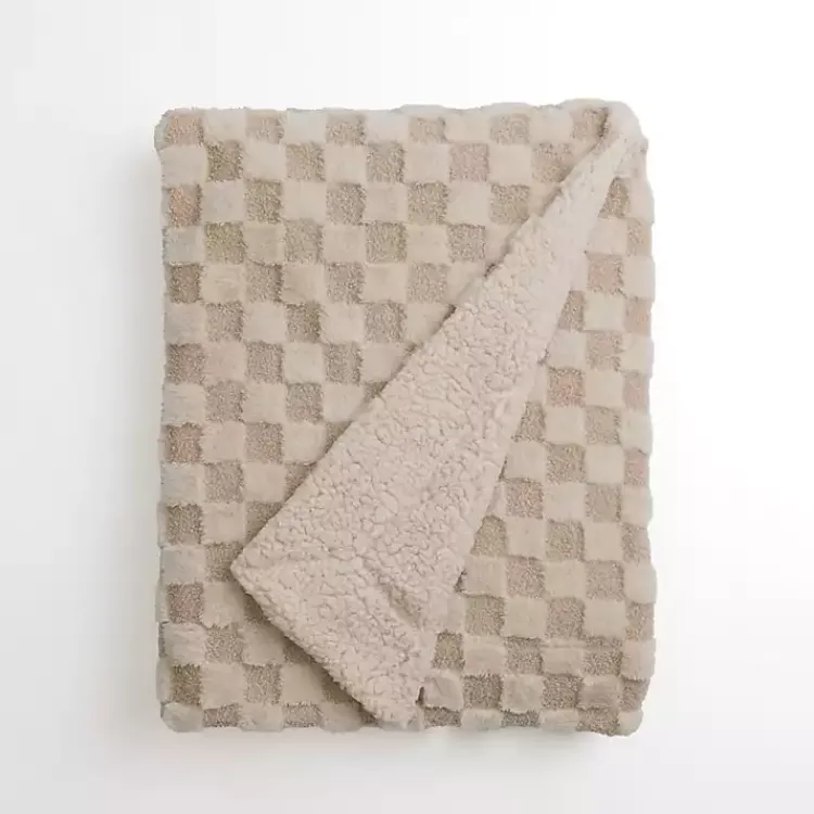 Blankets & Throws>Kirklands Home Taupe Faux Fur and Boucle Checkerboard Throw Tan