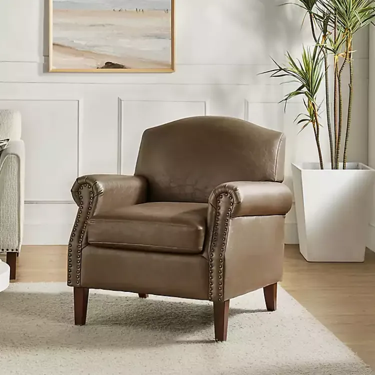 Kirklands Home Taupe Faux Leather Nailhead Taylor Armchair Brown Discount