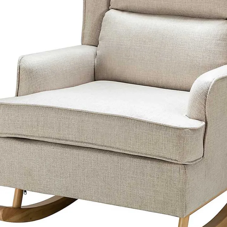 Kirklands Home Taupe Upholstered Natural Base Wingback Rocker Tan New