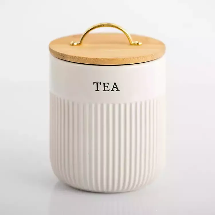 Kirklands Home Tea Ribbed Ceramic Canister Ivory New