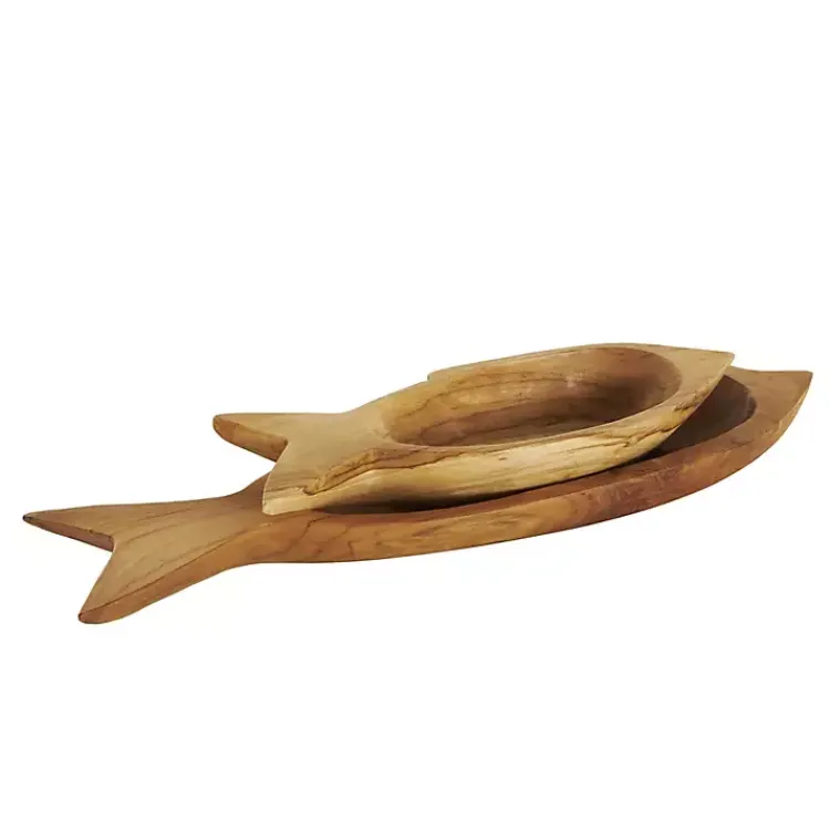 Decorative Trays>Kirklands Home Teak Wood Carved Fish Trays, Set of 2 Brown