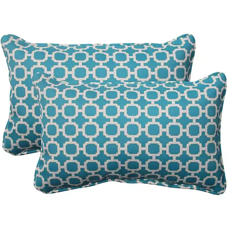 Kirklands Home Teal Hickory Geo Outdoor Lumbar Pillows, Set of 2 Blue New