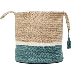 Baskets & Boxes>Kirklands Home Teal Off White Woven Basket with Tassel, 17 in.