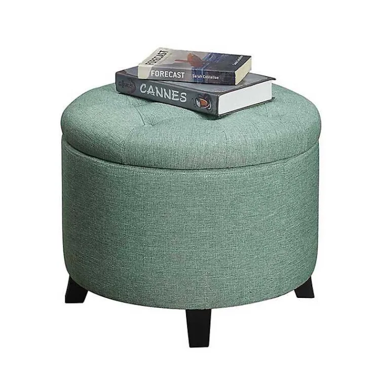 Kirklands Home Teal Upholstered Eliza Round Storage Ottoman Blue Best