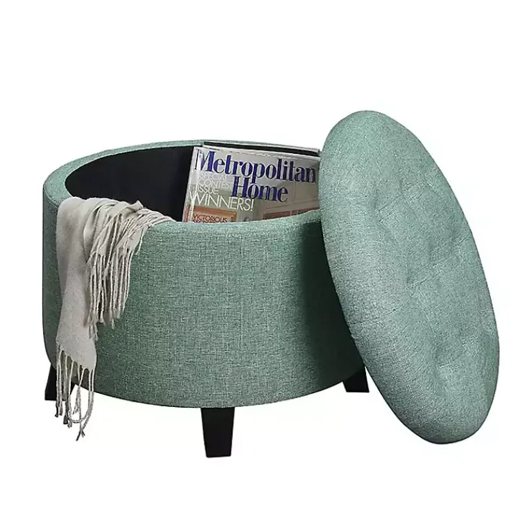 Kirklands Home Teal Upholstered Eliza Round Storage Ottoman Blue Best