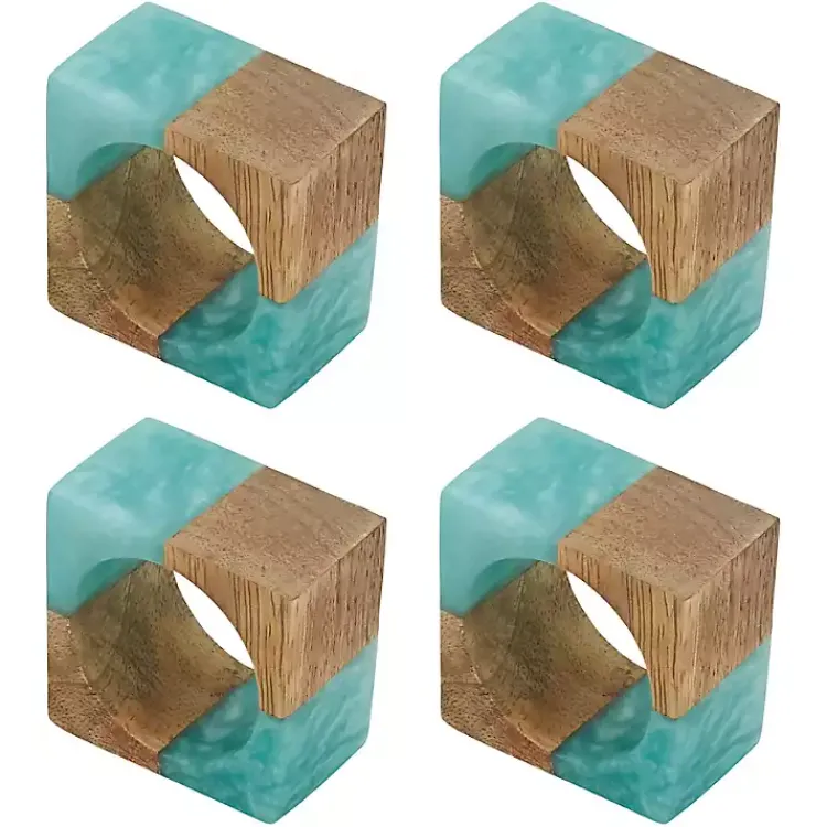 Kirklands Home Teal Wood and Resin Square Napkin Rings, Set of 4 New