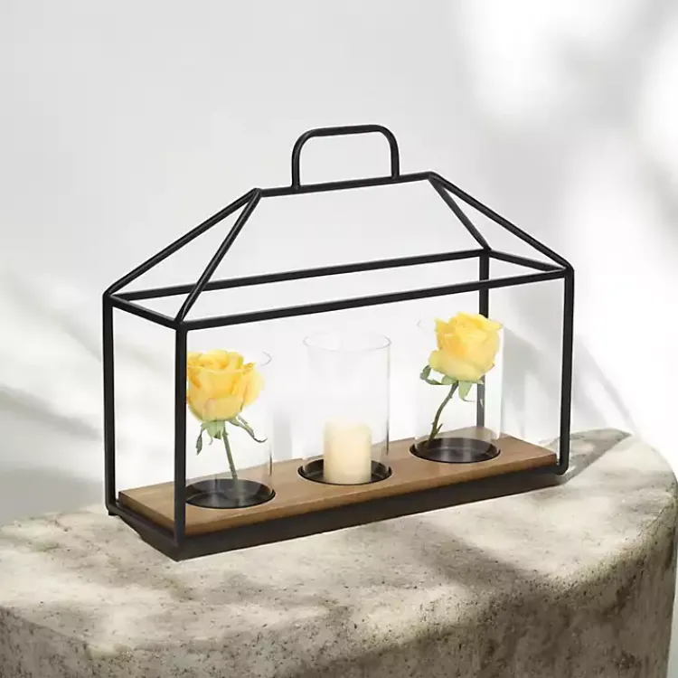 Lanterns>Kirklands Home Three Glass Inserts Black Metal Lantern