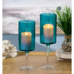 Candle Holders>Kirklands Home Turquoise Glass Hurricane Candle Holders, Set of 2 Blue