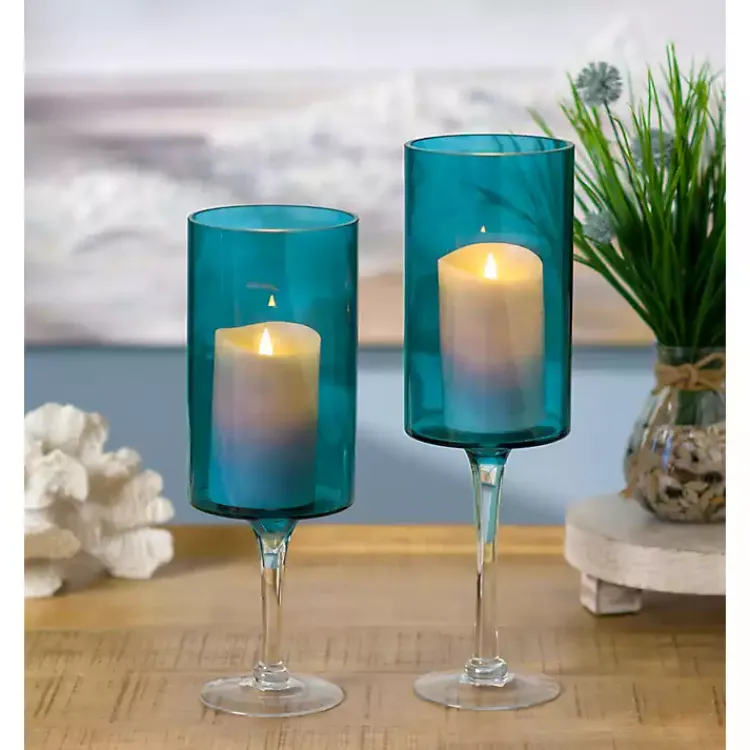Candle Holders>Kirklands Home Turquoise Glass Hurricane Candle Holders, Set of 2 Blue