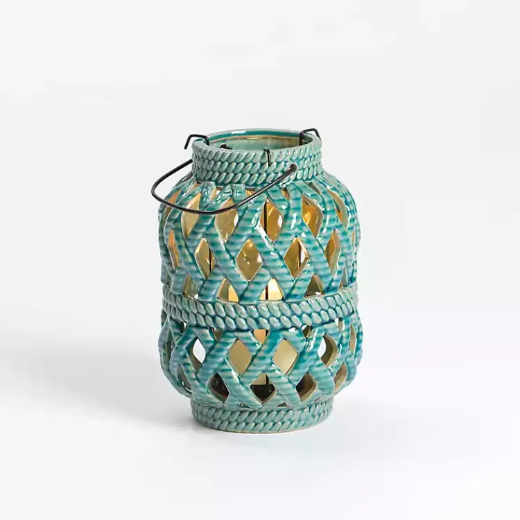 Lanterns>Kirklands Home Turquoise Woven Stoneware Coastal Lantern, 8 in. Blue