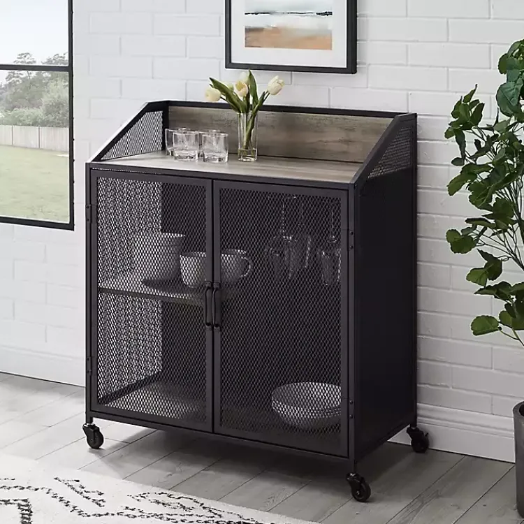 Kirklands Home Urban Mesh Door Rolling Bar Cabinet Gray Outlet