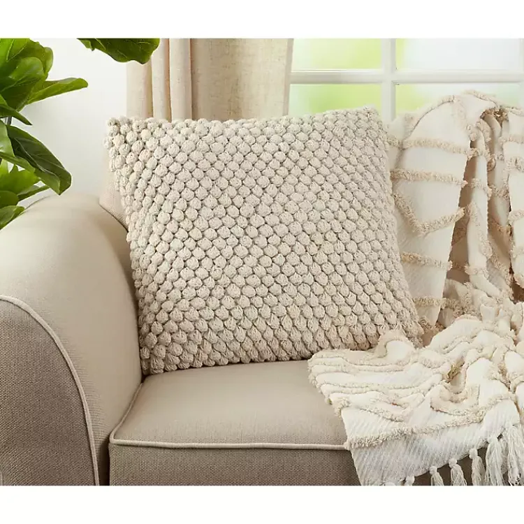 Pillows>Kirklands Home Vanilla Crochet Pom Pom Cotton Throw Pillow Ivory