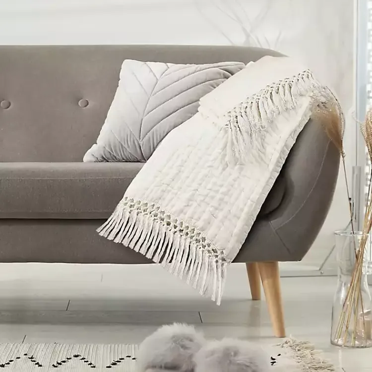 Blankets & Throws>Kirklands Home Vintage Cotton Fringe Throw Ivory