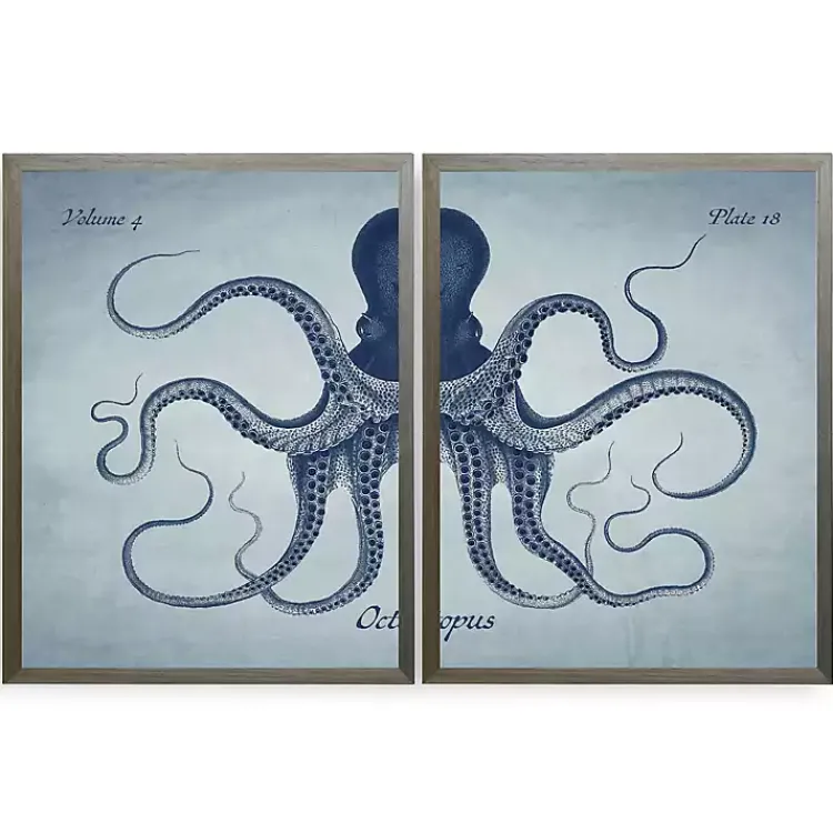 Kirklands Home Vintage Split Octopus Framed Art Prints, Set of 2 Blue Outlet