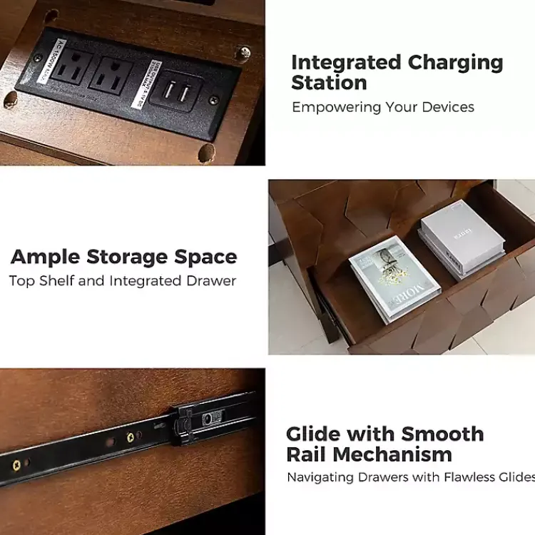 Kirklands Home Walnut Geometric 2-Drawer Charging Nightstand Brown Hot