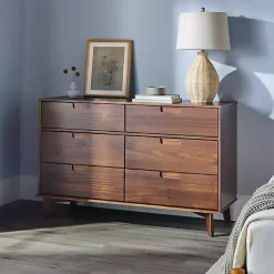 Kirklands Home Walnut Grooved Handle 6-Drawer Dresser Brown New