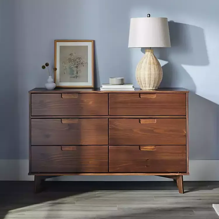 Kirklands Home Walnut Grooved Handle 6-Drawer Dresser Brown New