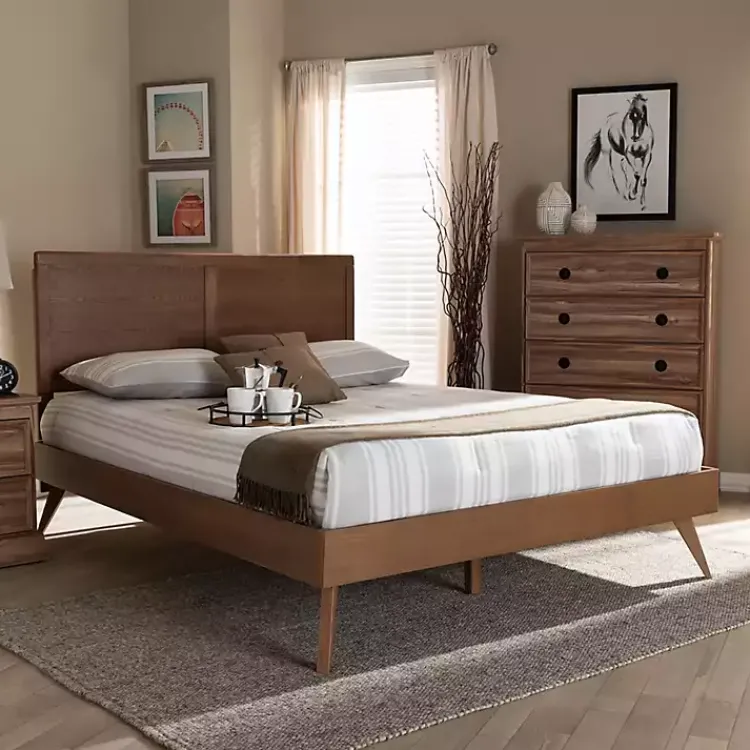 Kirklands Home Walnut Inset Paneling Platform Queen Bed Brown Outlet