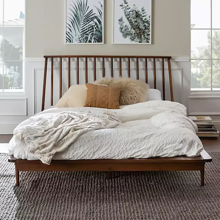 Kirklands Home Walnut Mid-Century Modern Queen Bed Frame Brown New