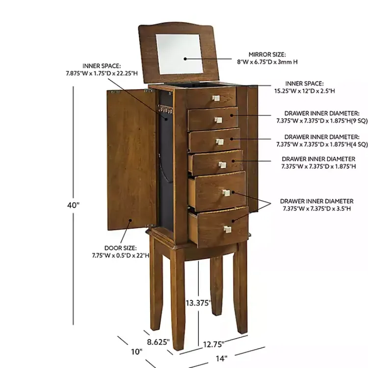 Kirklands Home Walnut Wood 5-Drawer Zinnia Jewelry Armoire Brown Hot