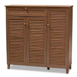 Kirklands Home Walnut Wood 11-Shelf Paneled Shoe Cabinet Brown New