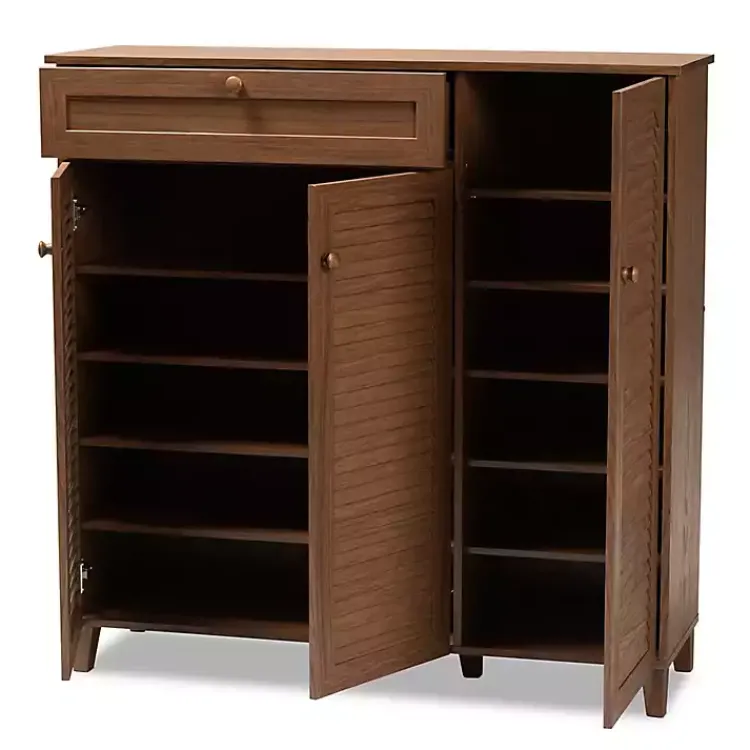 Kirklands Home Walnut Wood 11-Shelf Paneled Shoe Cabinet Brown New