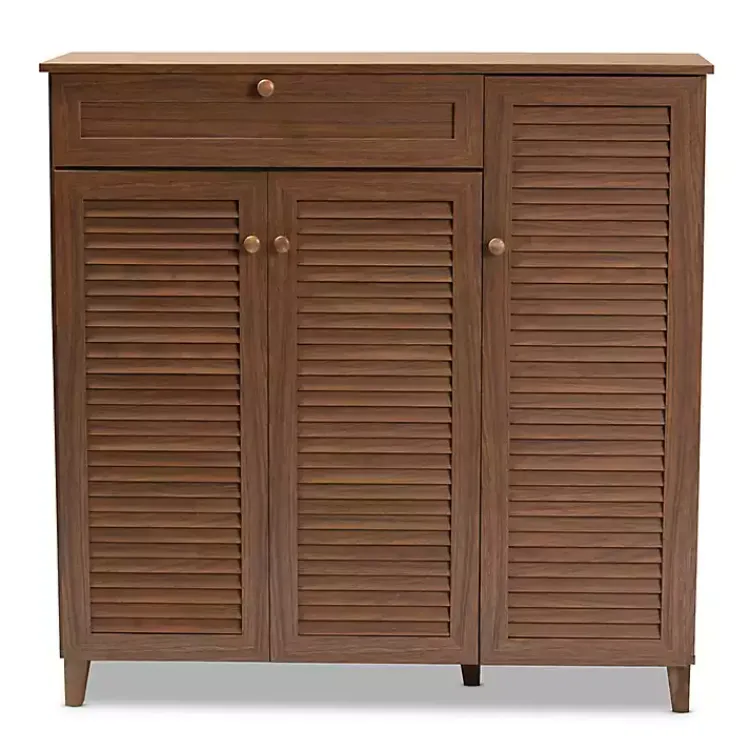 Kirklands Home Walnut Wood 11-Shelf Paneled Shoe Cabinet Brown New