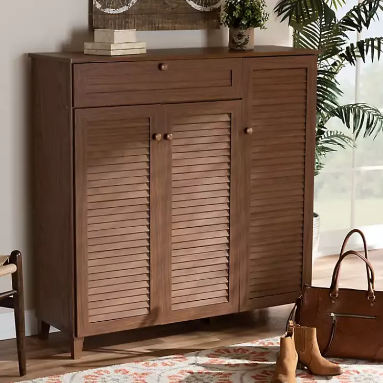 Kirklands Home Walnut Wood 11-Shelf Paneled Shoe Cabinet Brown New