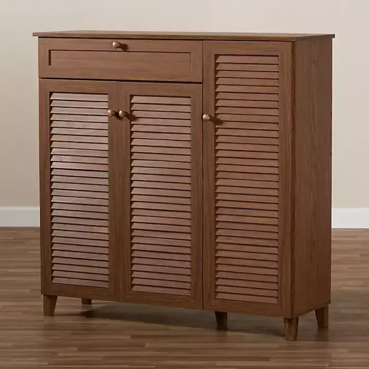 Kirklands Home Walnut Wood 11-Shelf Paneled Shoe Cabinet Brown New