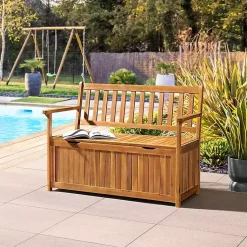 Kirklands Home Warm Acacia Wood Slatted Outdoor Storage Bench Brown New