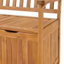 Kirklands Home Warm Acacia Wood Slatted Outdoor Storage Bench Brown New