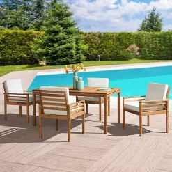 Kirklands Home Warm Acacia Wood Slatted 5-pc. Outdoor Dining Set New