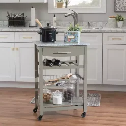 Kirklands Home Warm Rolling Kitchen Cart with Granite Top Gray Hot
