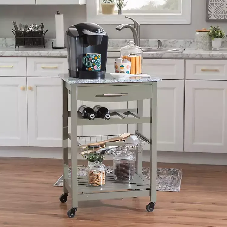 Kirklands Home Warm Rolling Kitchen Cart with Granite Top Gray Hot