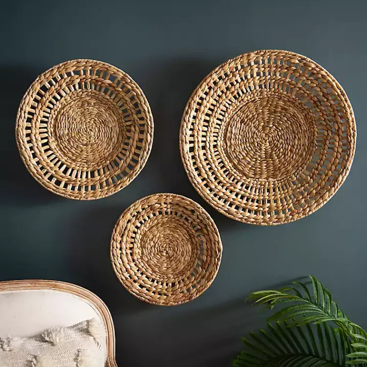 Kirklands Home Water Hyacinth Basket Wall Plaques, Set of 3 Tan
