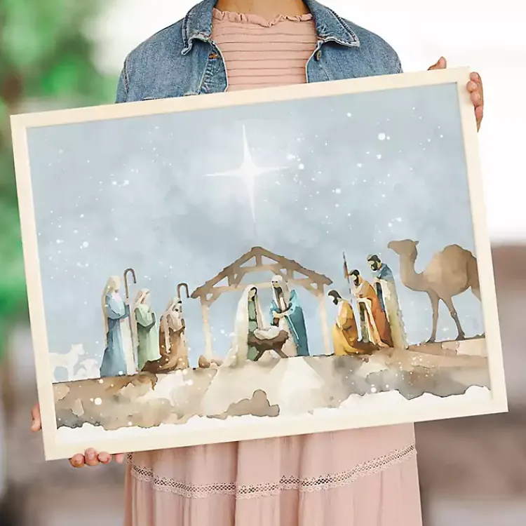 Christmas Art & Wall Decor>Kirklands Home Watercolor Nativity Scene Framed Art Print Blue