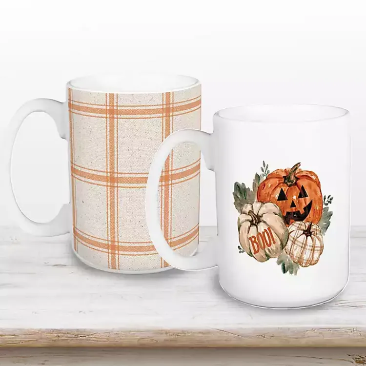 Halloween>Kirklands Home Watercolor Pumpkins 2-pc. Halloween Mug Set White