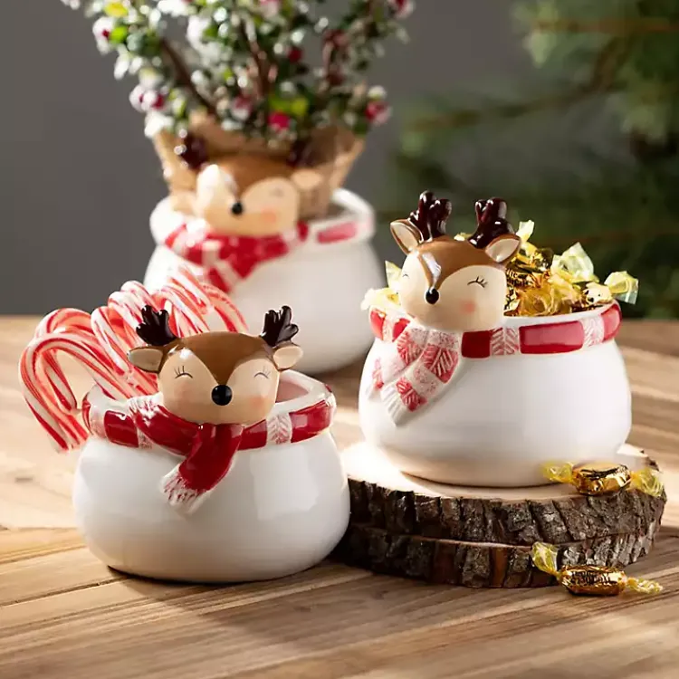 Christmas Dining & Entertaining>Kirklands Home Whimsical Reindeer Ceramic Containers, Set of 3 White