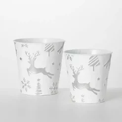 Christmas Decorations>Kirklands Home White & Silver Embossed Reindeer Pails, Set of 2