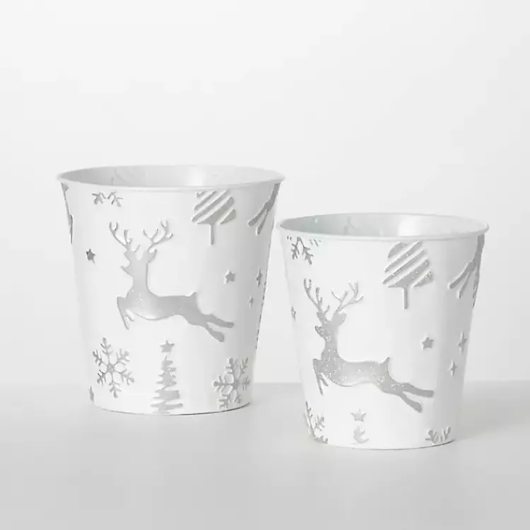 Christmas Decorations>Kirklands Home White & Silver Embossed Reindeer Pails, Set of 2